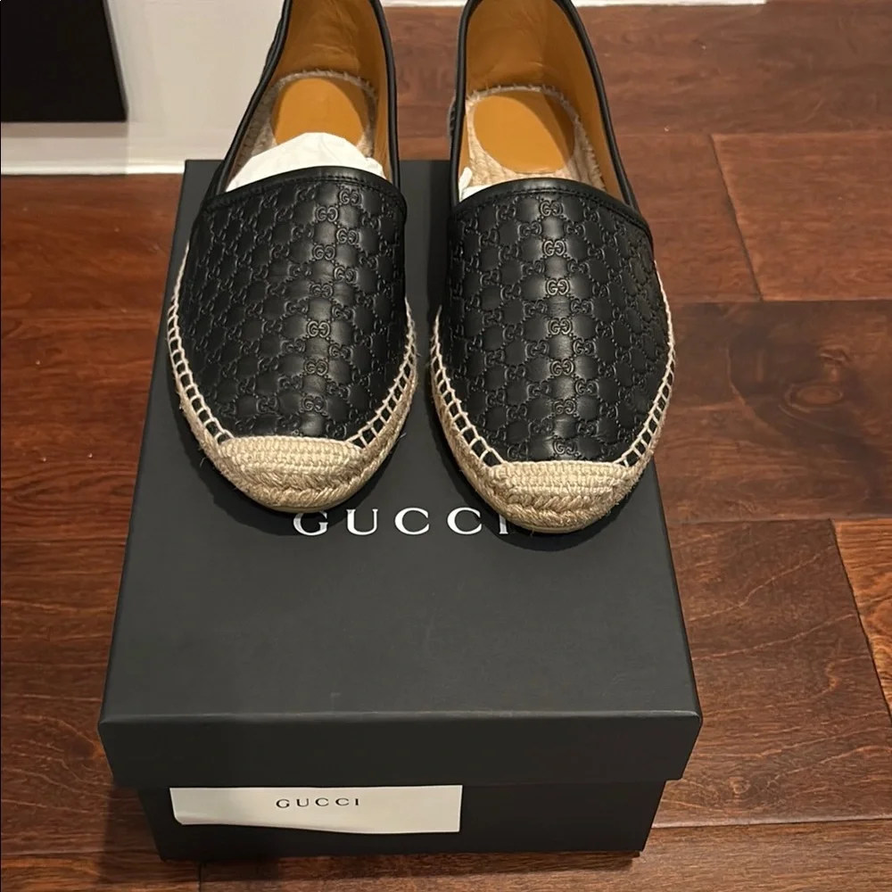 Gucci Black Leather Espadrilles with Natural Jute Trim